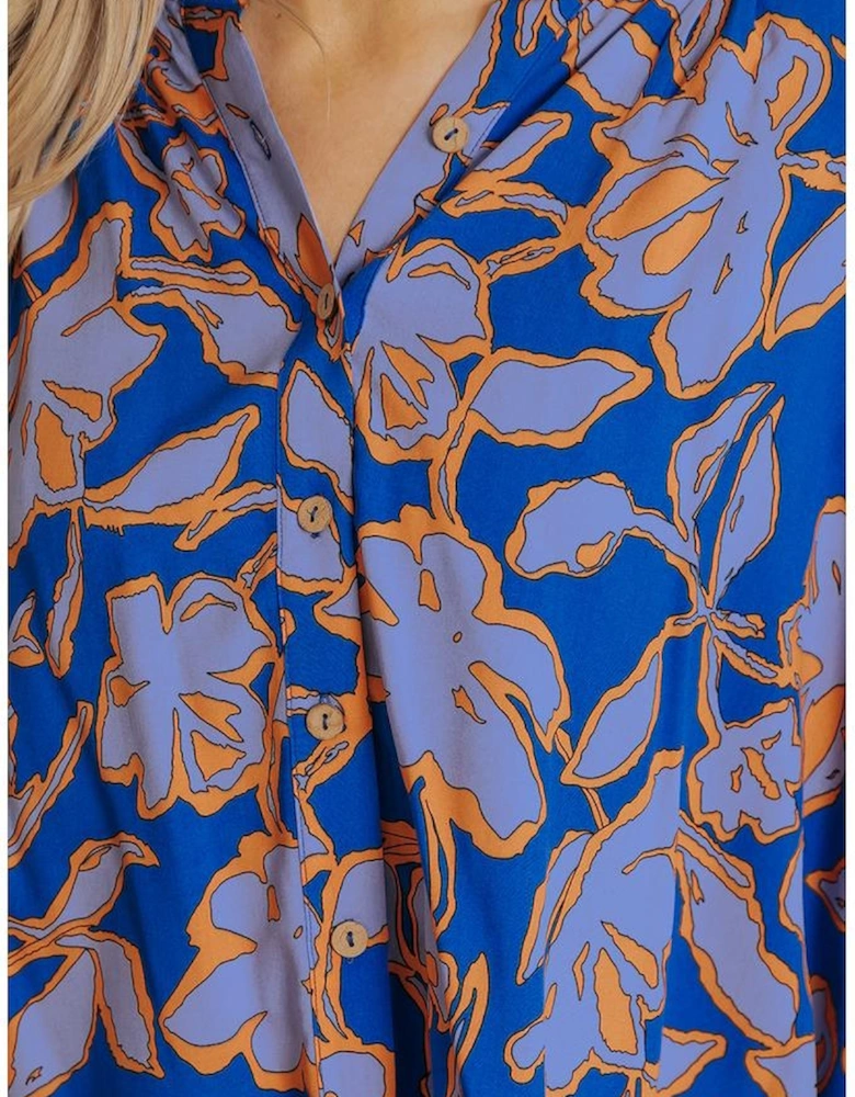 Blue Floral Print Batwing Sleeve Buttoned Loose Fit Shirt