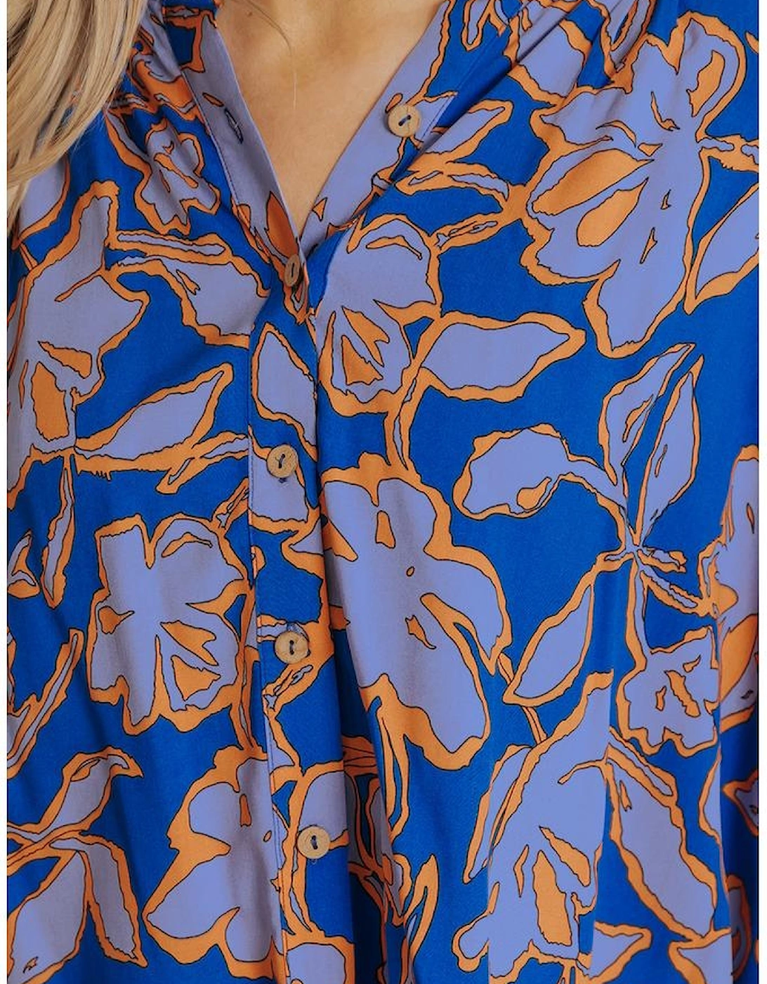 Blue Floral Print Batwing Sleeve Buttoned Loose Fit Shirt