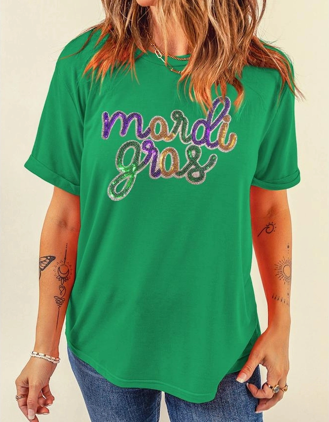 Bright Green Sequin mardi gras Graphic T Shirt