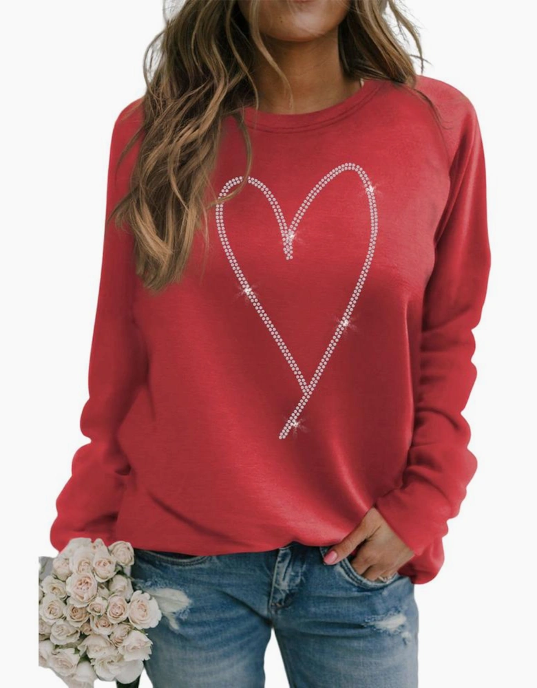 Red Rhinestone Heart Shaped Long Sleeve Sweatshirt