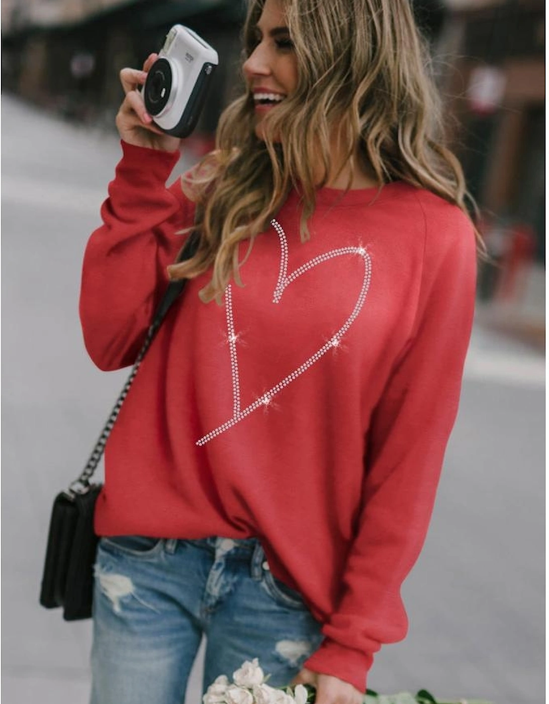 Red Rhinestone Heart Shaped Long Sleeve Sweatshirt