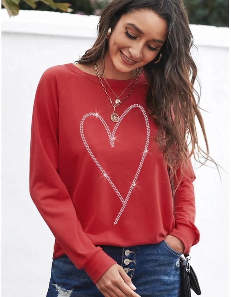 Red Rhinestone Heart Shaped Long Sleeve Sweatshirt