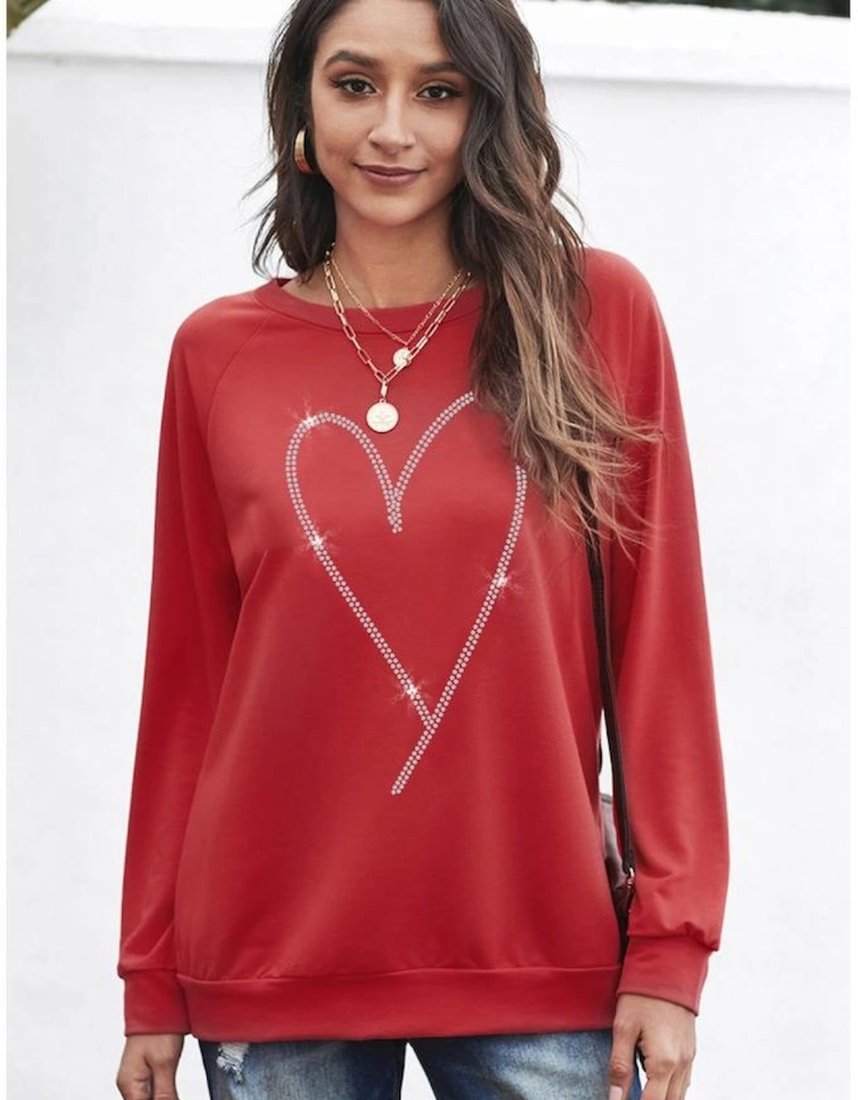 Red Rhinestone Heart Shaped Long Sleeve Sweatshirt