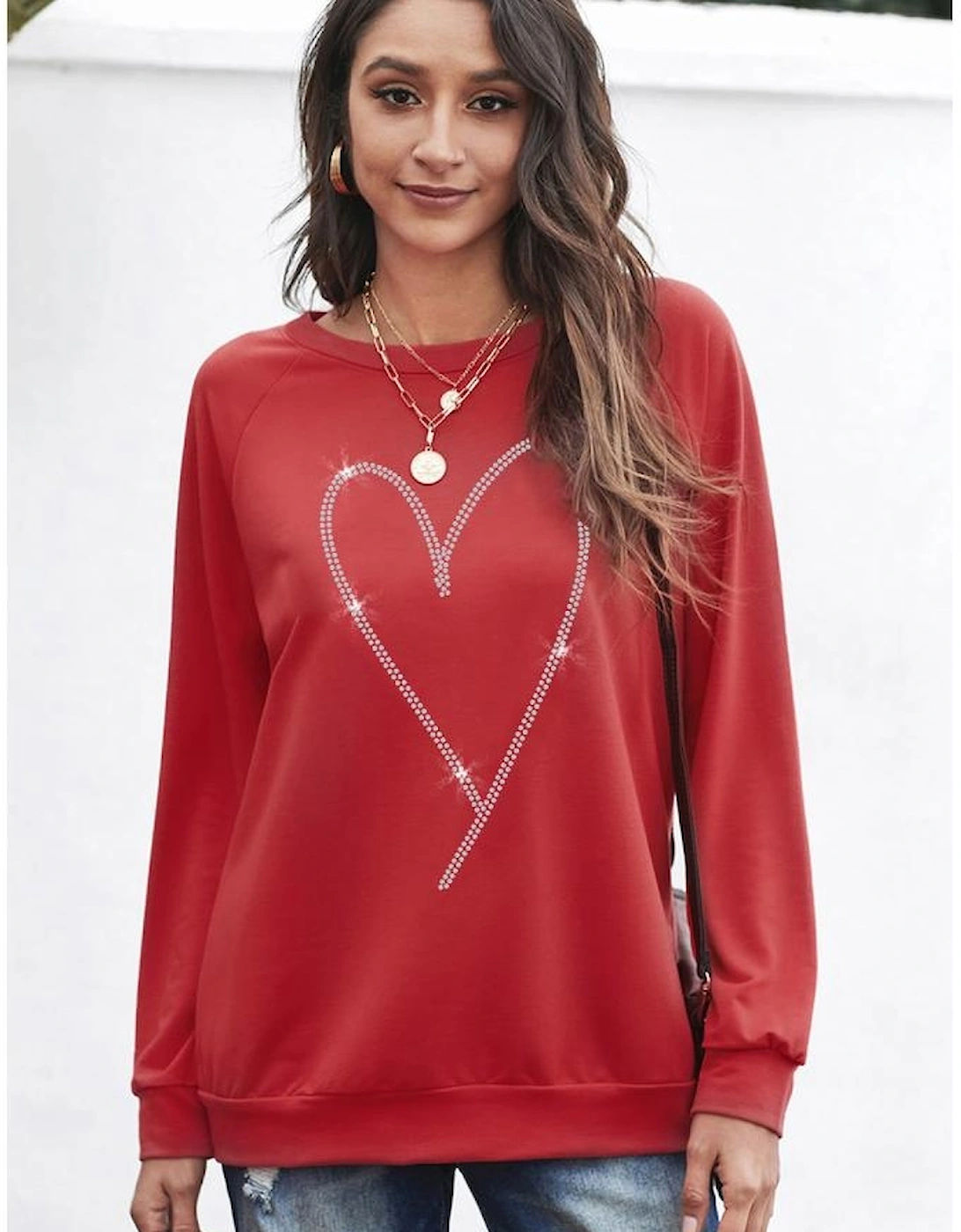 Red Rhinestone Heart Shaped Long Sleeve Sweatshirt
