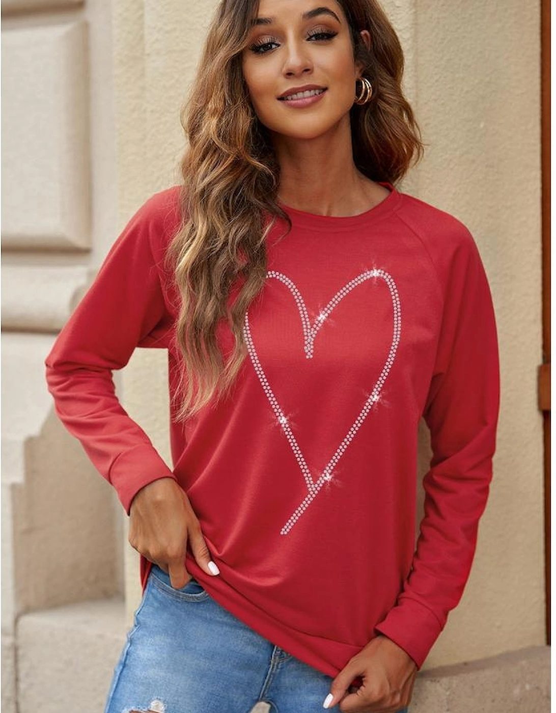 Red Rhinestone Heart Shaped Long Sleeve Sweatshirt