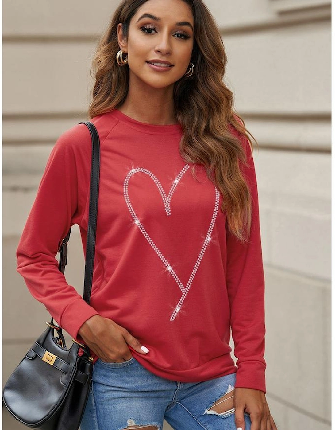 Red Rhinestone Heart Shaped Long Sleeve Sweatshirt