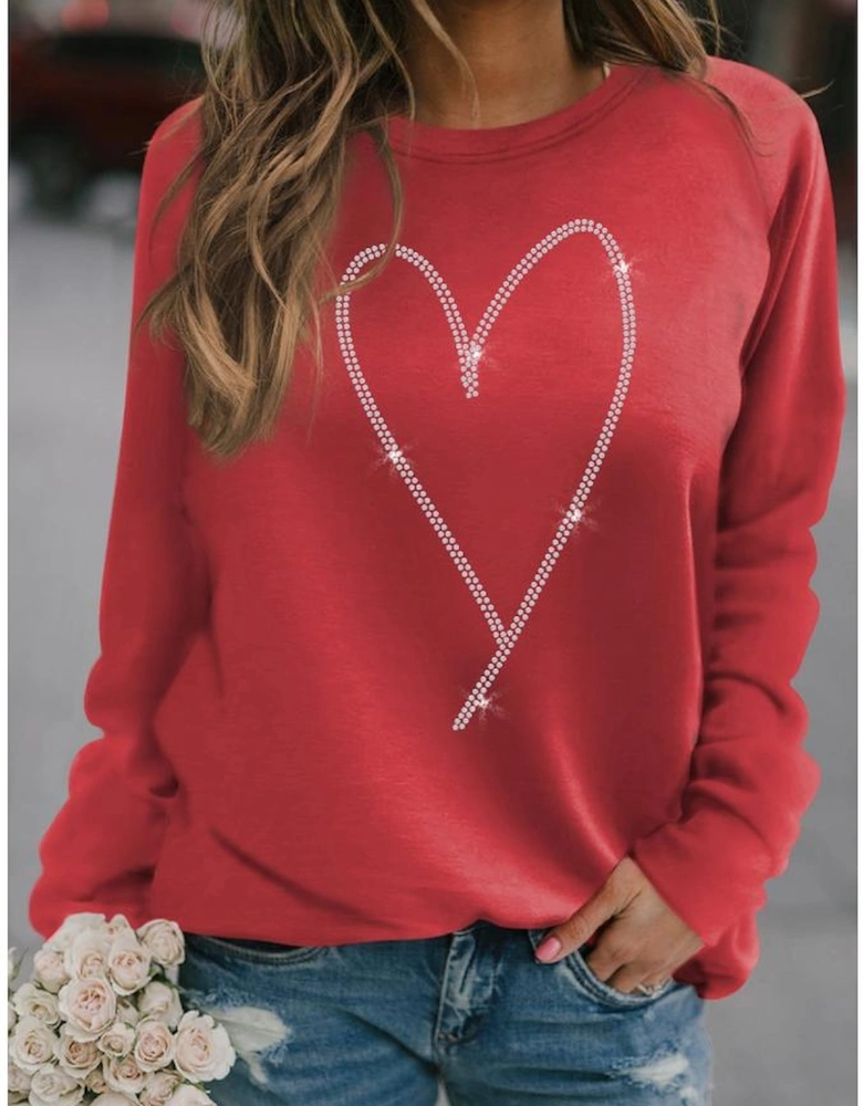 Red Rhinestone Heart Shaped Long Sleeve Sweatshirt