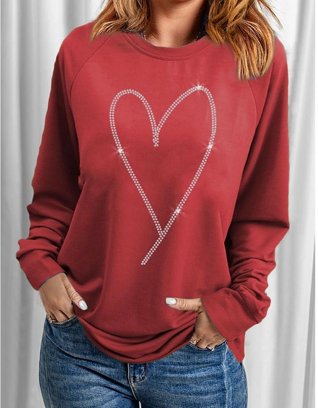 Red Rhinestone Heart Shaped Long Sleeve Sweatshirt