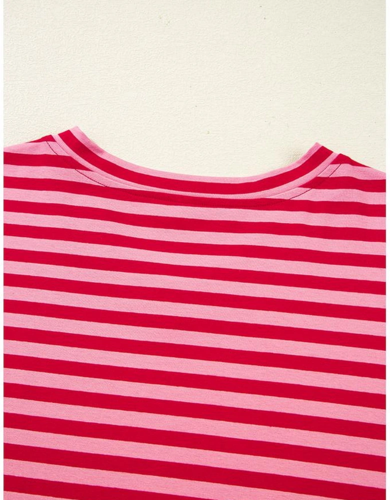 Strawberry Pink Mix Striped Drop Shoulder Patchwork Sleeve V Neck Pullover