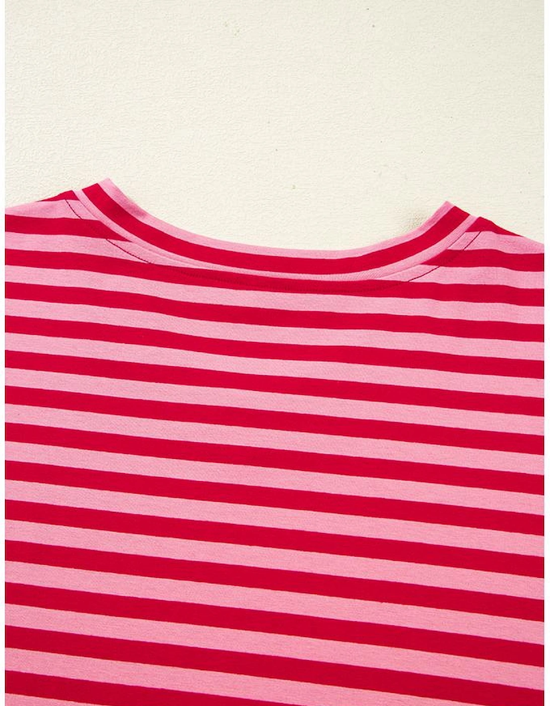 Strawberry Pink Mix Striped Drop Shoulder Patchwork Sleeve V Neck Pullover