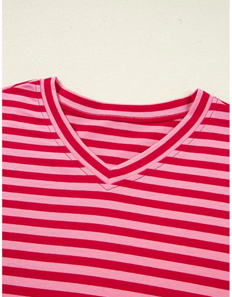 Strawberry Pink Mix Striped Drop Shoulder Patchwork Sleeve V Neck Pullover
