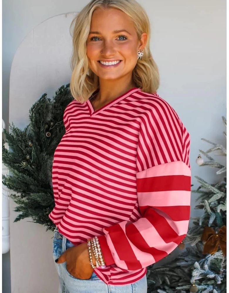 Strawberry Pink Mix Striped Drop Shoulder Patchwork Sleeve V Neck Pullover