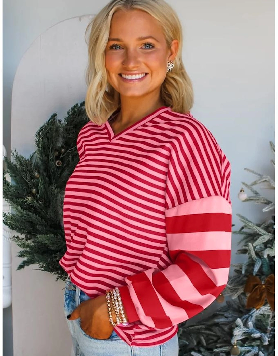 Strawberry Pink Mix Striped Drop Shoulder Patchwork Sleeve V Neck Pullover