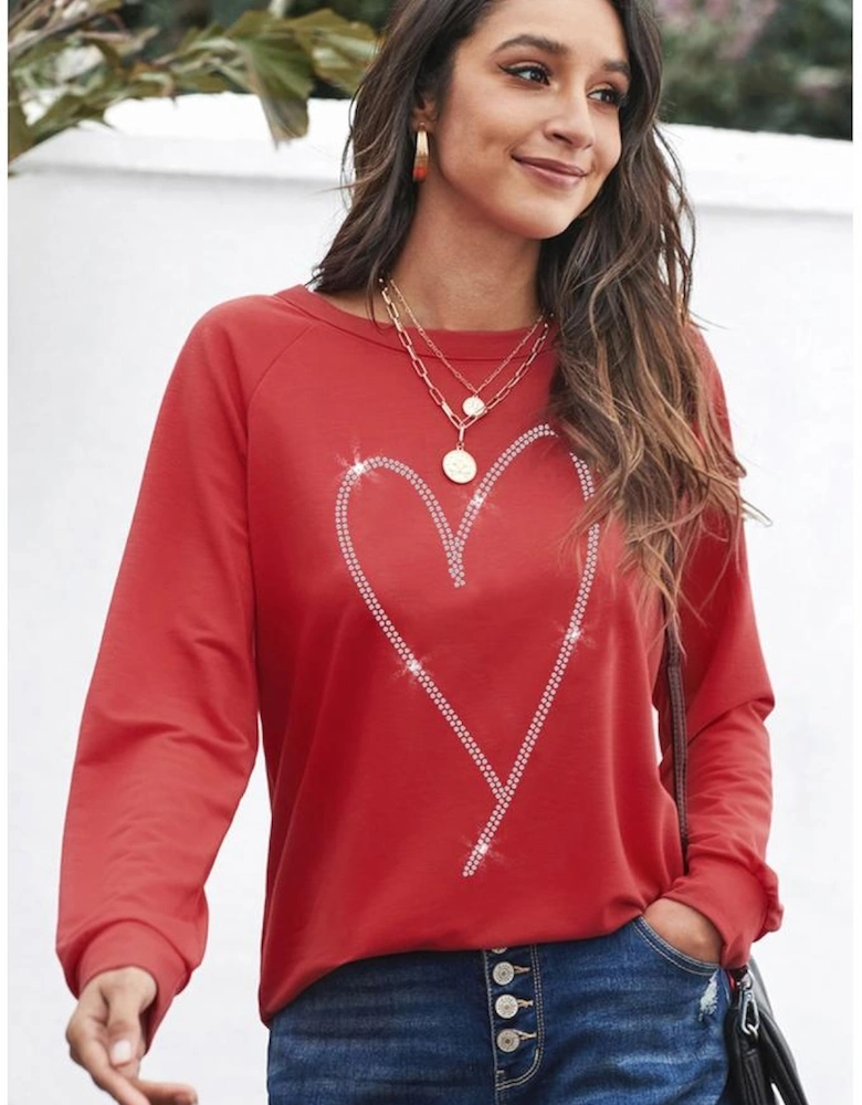Red Rhinestone Heart Shaped Long Sleeve Sweatshirt