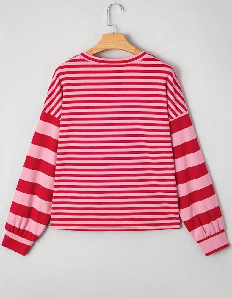 Strawberry Pink Mix Striped Drop Shoulder Patchwork Sleeve V Neck Pullover