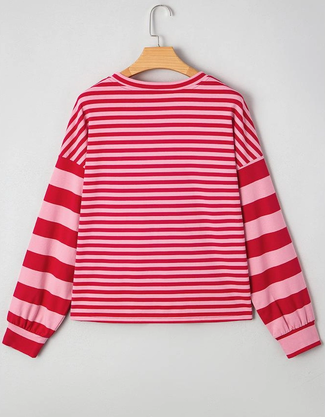 Strawberry Pink Mix Striped Drop Shoulder Patchwork Sleeve V Neck Pullover