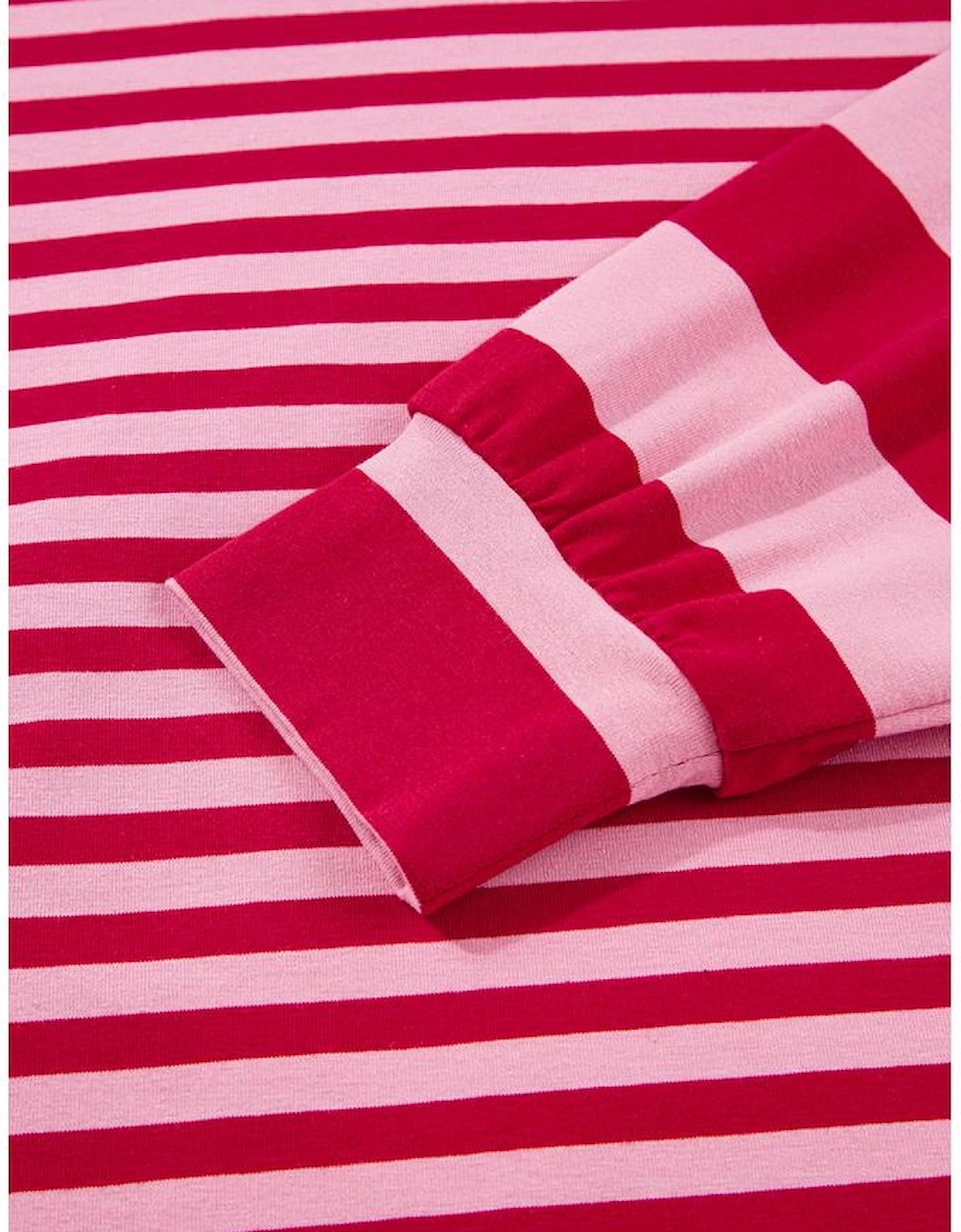 Strawberry Pink Mix Striped Drop Shoulder Patchwork Sleeve V Neck Pullover