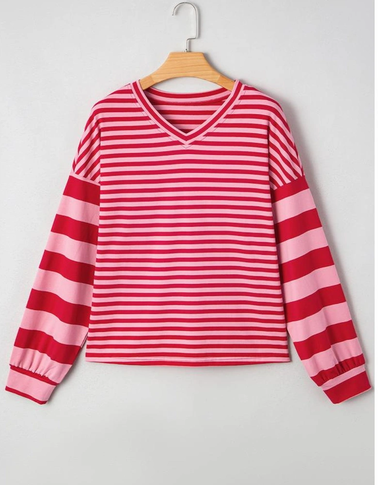 Strawberry Pink Mix Striped Drop Shoulder Patchwork Sleeve V Neck Pullover