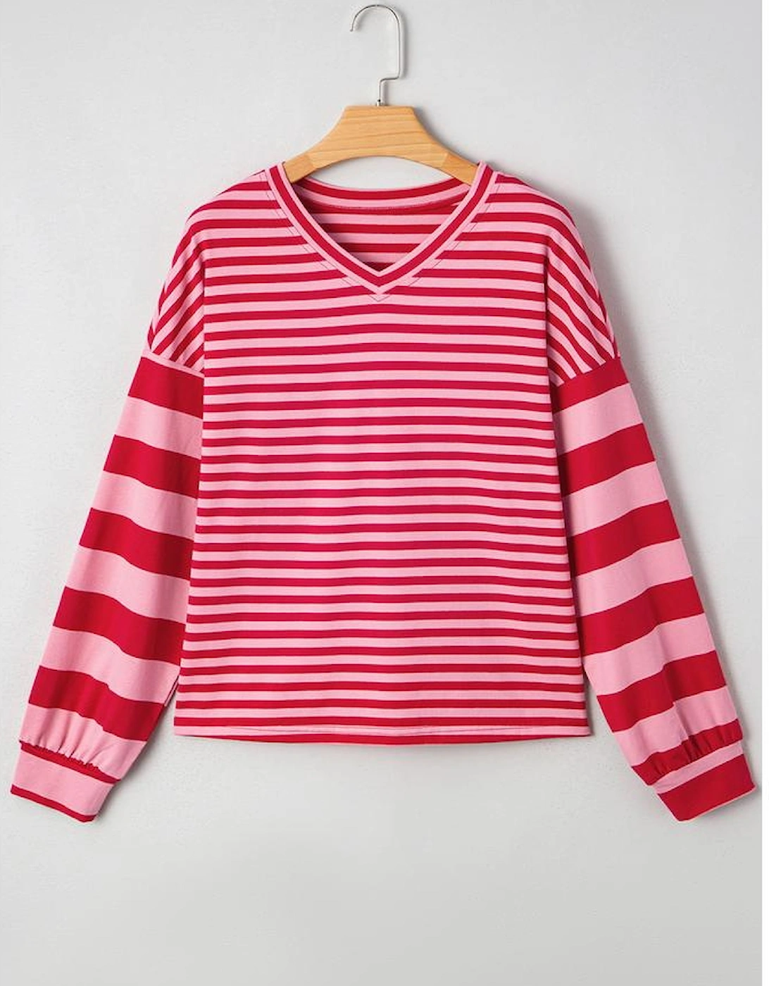 Strawberry Pink Mix Striped Drop Shoulder Patchwork Sleeve V Neck Pullover
