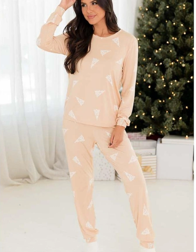 Apricot Christmas Tree Print Loose Fit Two Piece Pajama Set
