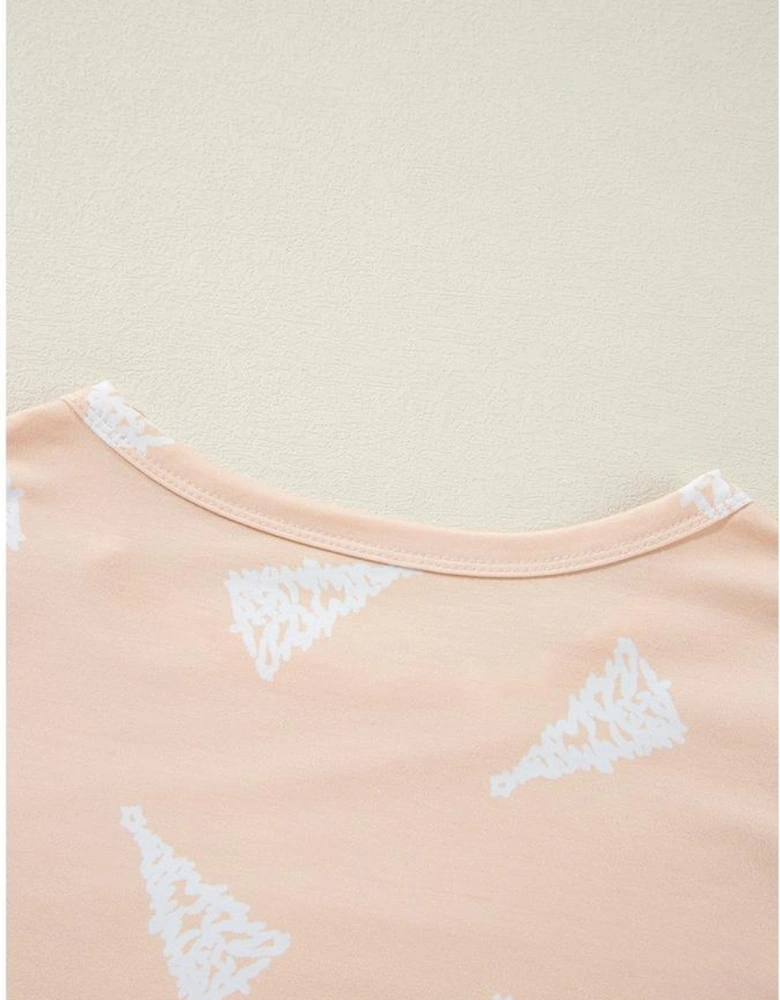 Apricot Christmas Tree Print Loose Fit Two Piece Pajama Set