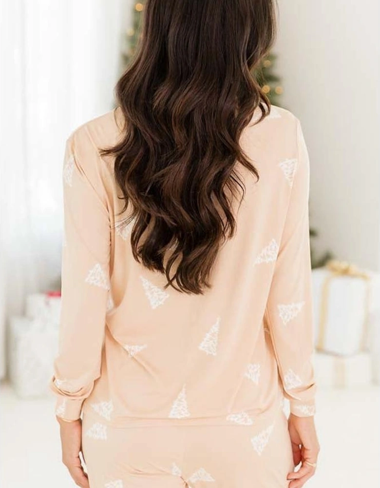 Apricot Christmas Tree Print Loose Fit Two Piece Pajama Set