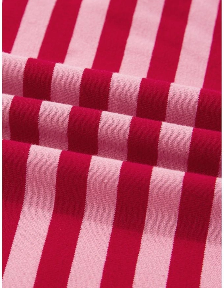 Strawberry Pink Mix Striped Drop Shoulder Patchwork Sleeve V Neck Pullover