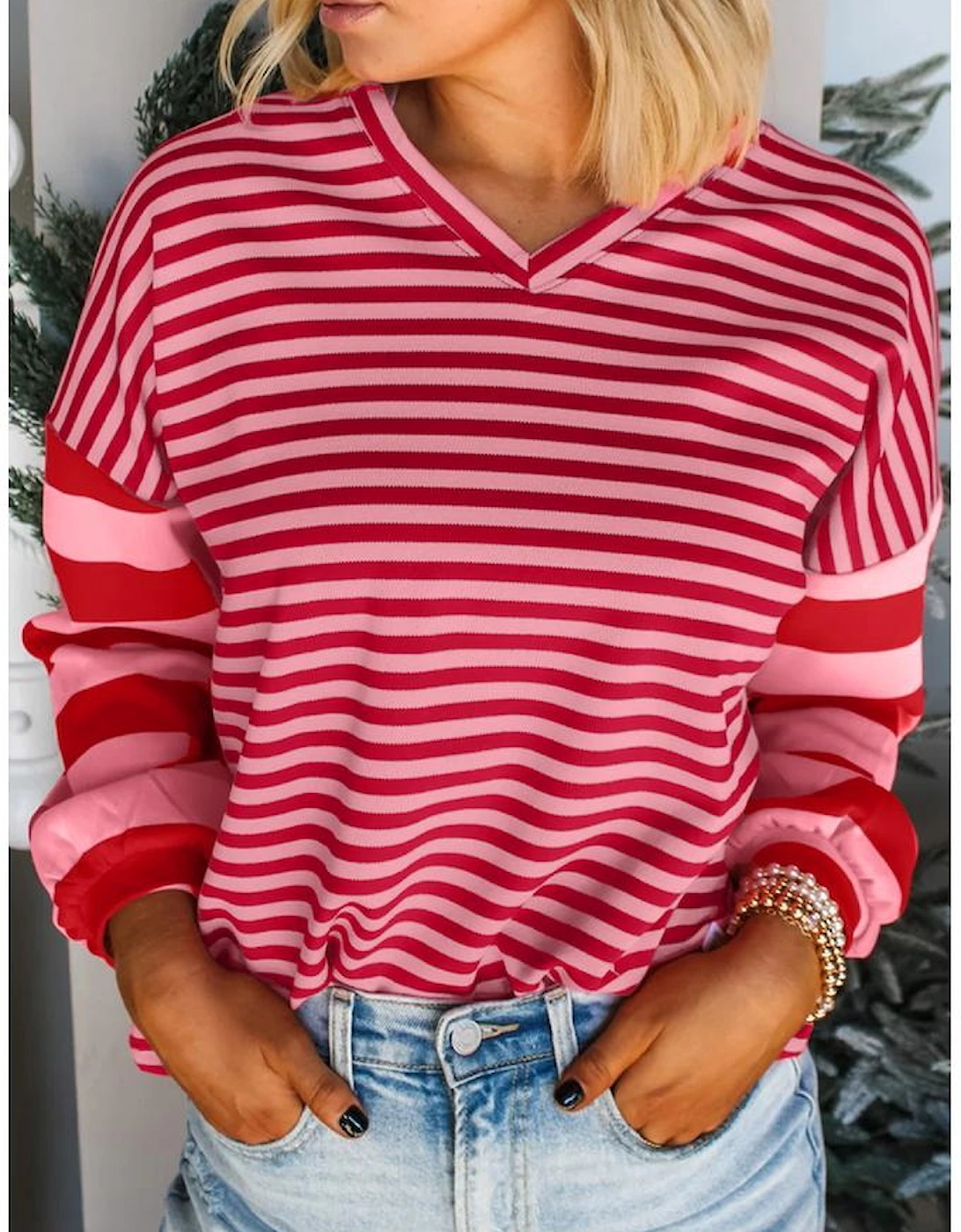Strawberry Pink Mix Striped Drop Shoulder Patchwork Sleeve V Neck Pullover, 10 of 9