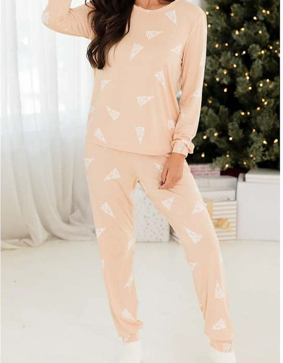 Apricot Christmas Tree Print Loose Fit Two Piece Pajama Set