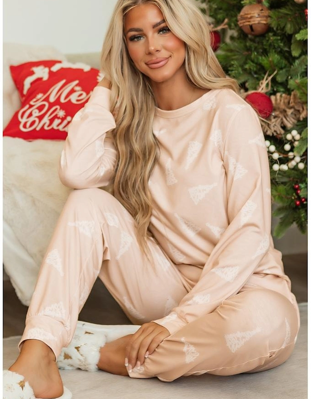Apricot Christmas Tree Print Loose Fit Two Piece Pajama Set