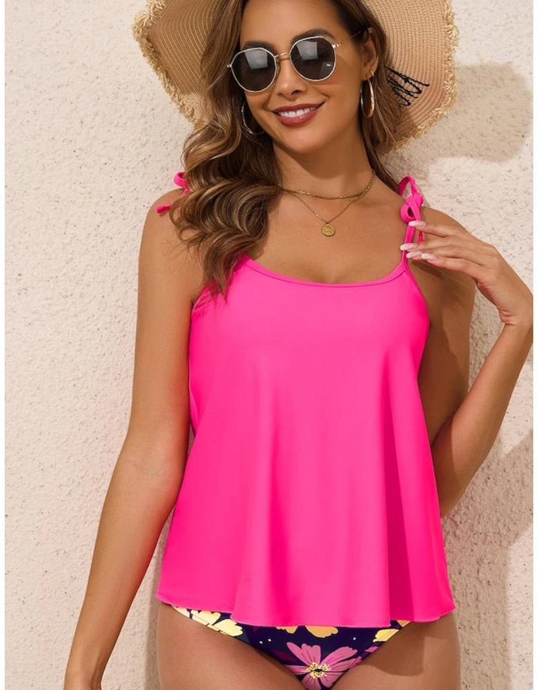 Rose Red Tie Shoulder Floral Print Cute Tankini Set