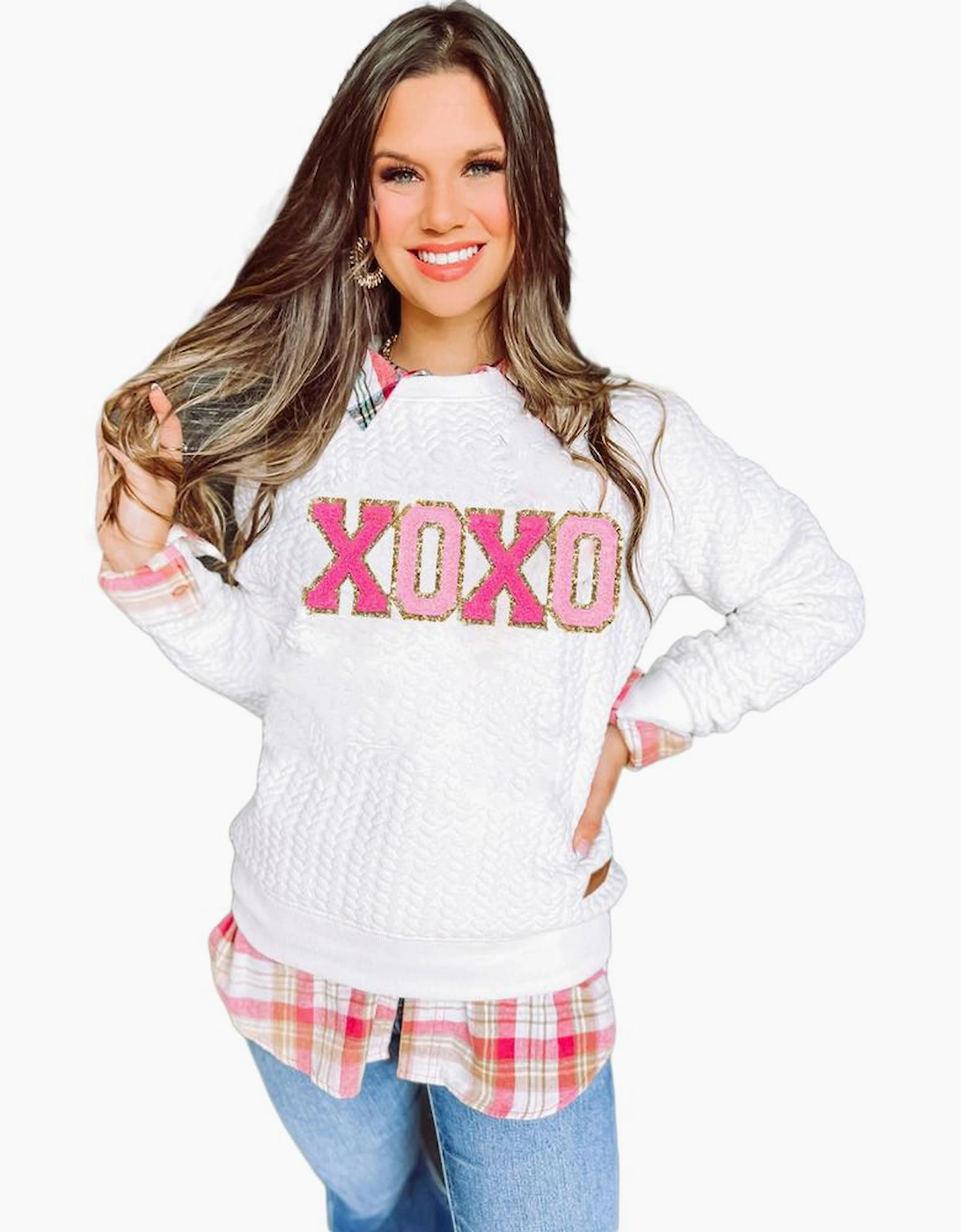 White XOXO Glitter Chenille Cable Knit Pullover Sweatshirt