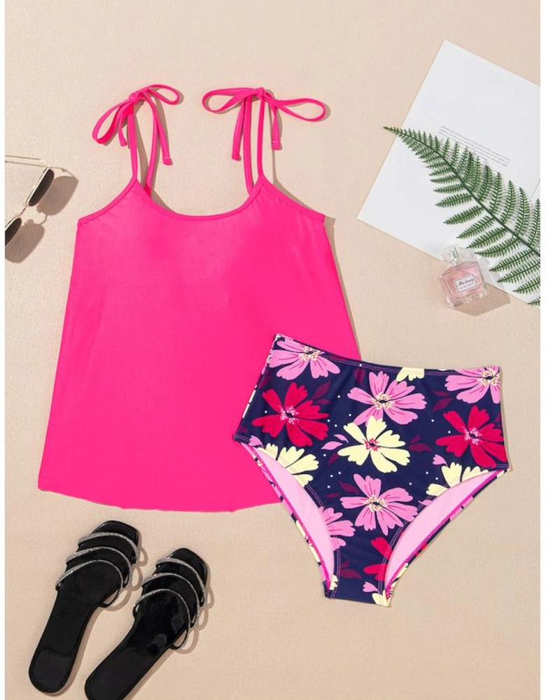Rose Red Tie Shoulder Floral Print Cute Tankini Set
