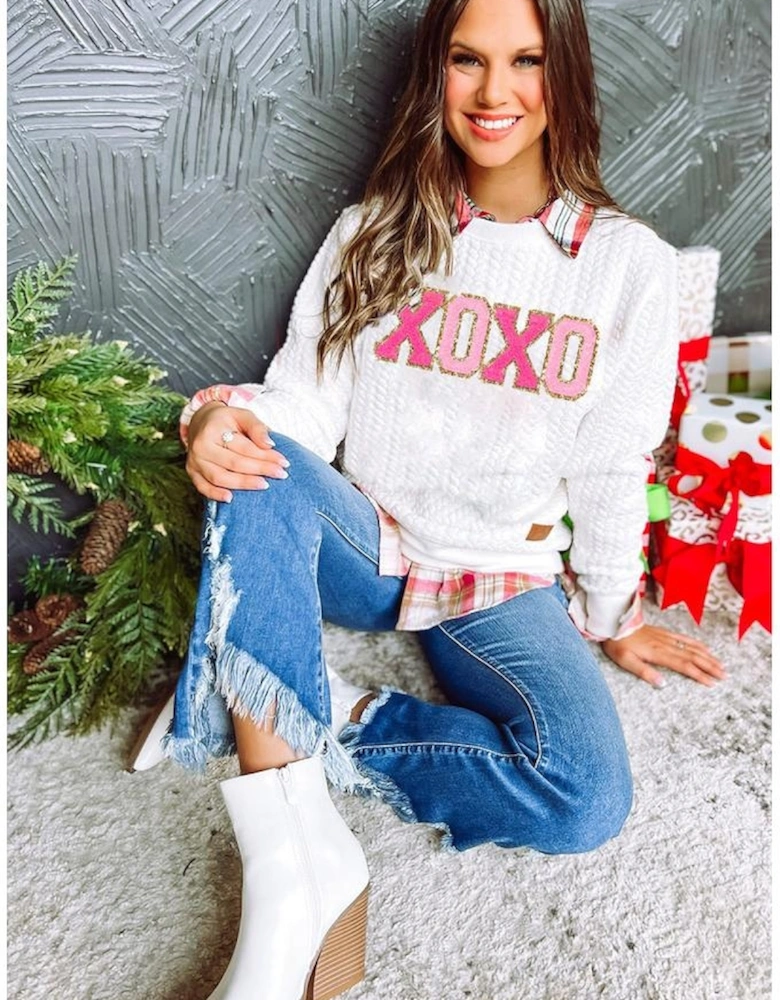 White XOXO Glitter Chenille Cable Knit Pullover Sweatshirt
