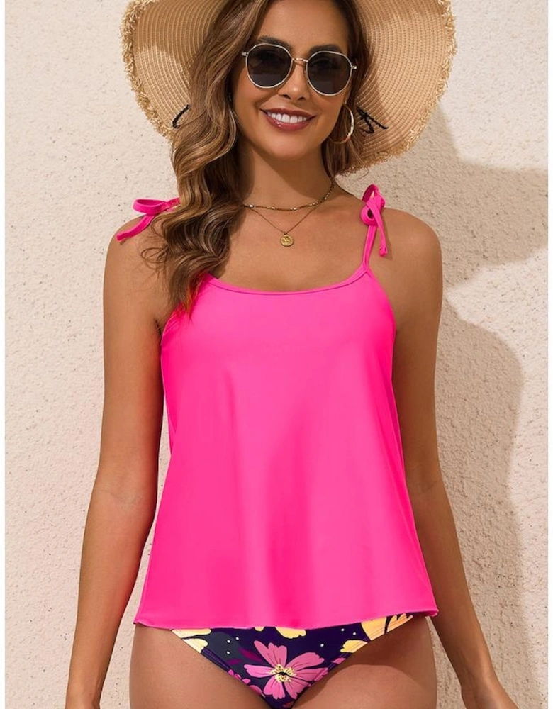 Rose Red Tie Shoulder Floral Print Cute Tankini Set