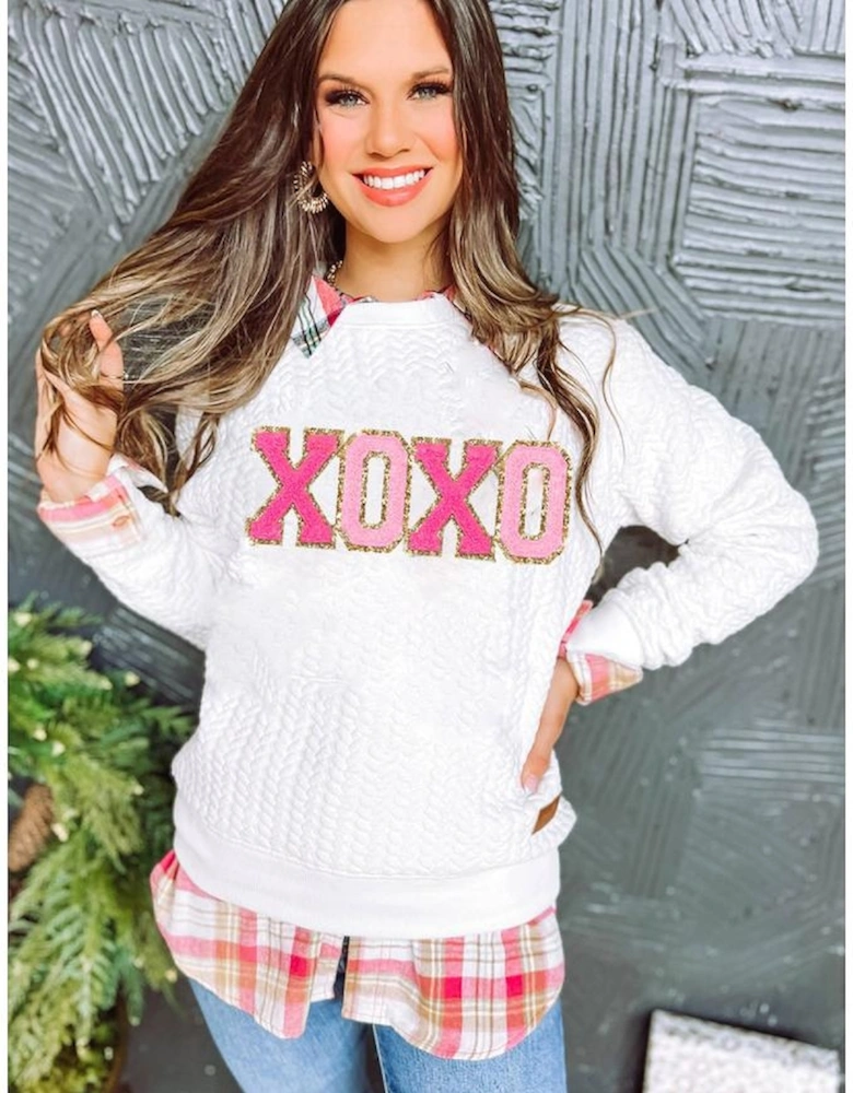 White XOXO Glitter Chenille Cable Knit Pullover Sweatshirt