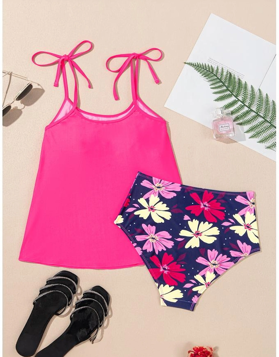 Rose Red Tie Shoulder Floral Print Cute Tankini Set