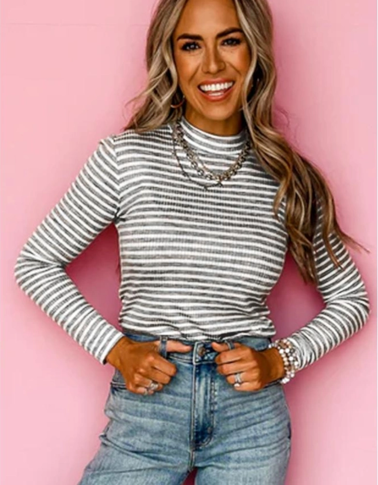 Gray Stripe Ribbed High Neck Slim Fit Long Sleeve Top