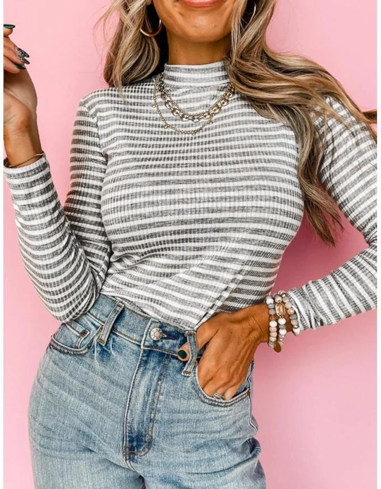 Gray Stripe Ribbed High Neck Slim Fit Long Sleeve Top