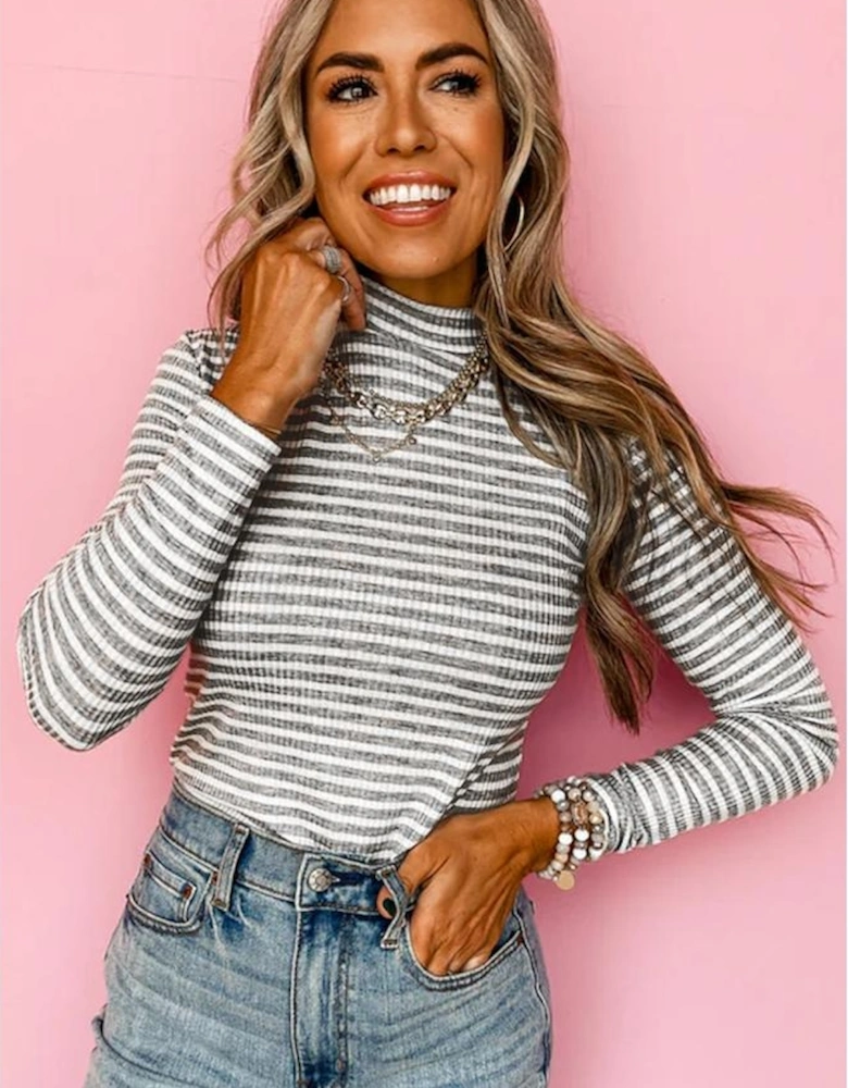 Gray Stripe Ribbed High Neck Slim Fit Long Sleeve Top
