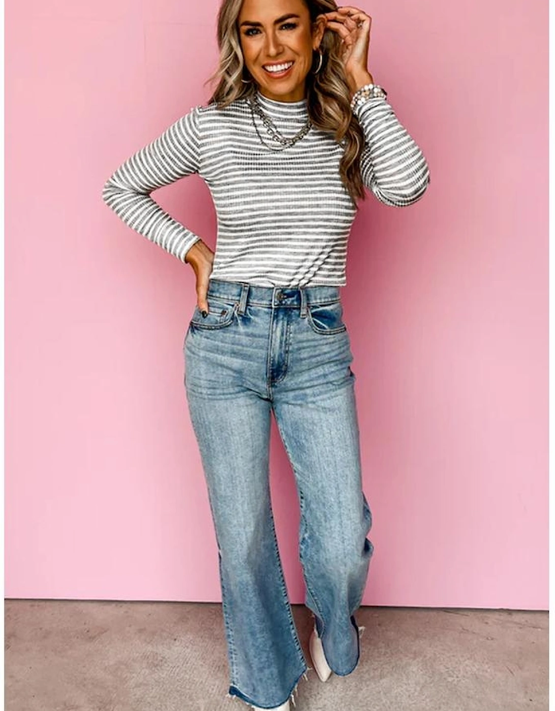 Gray Stripe Ribbed High Neck Slim Fit Long Sleeve Top