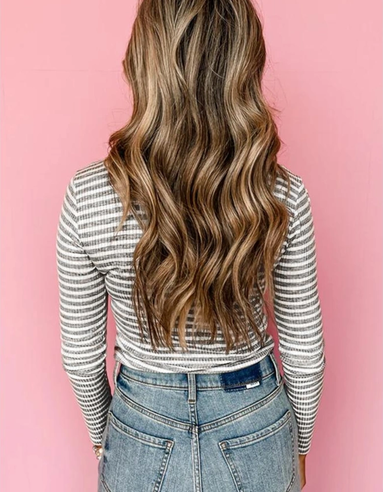 Gray Stripe Ribbed High Neck Slim Fit Long Sleeve Top