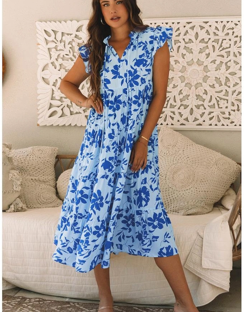 Sky Blue Floral Print Tiered Frilled Trim Flutter Sleeve Maxi Dress