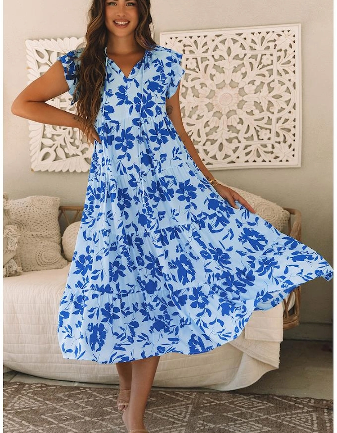 Sky Blue Floral Print Tiered Frilled Trim Flutter Sleeve Maxi Dress