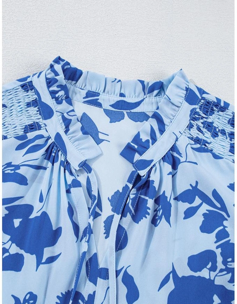 Sky Blue Floral Print Tiered Frilled Trim Flutter Sleeve Maxi Dress