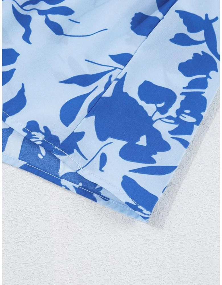 Sky Blue Floral Print Tiered Frilled Trim Flutter Sleeve Maxi Dress