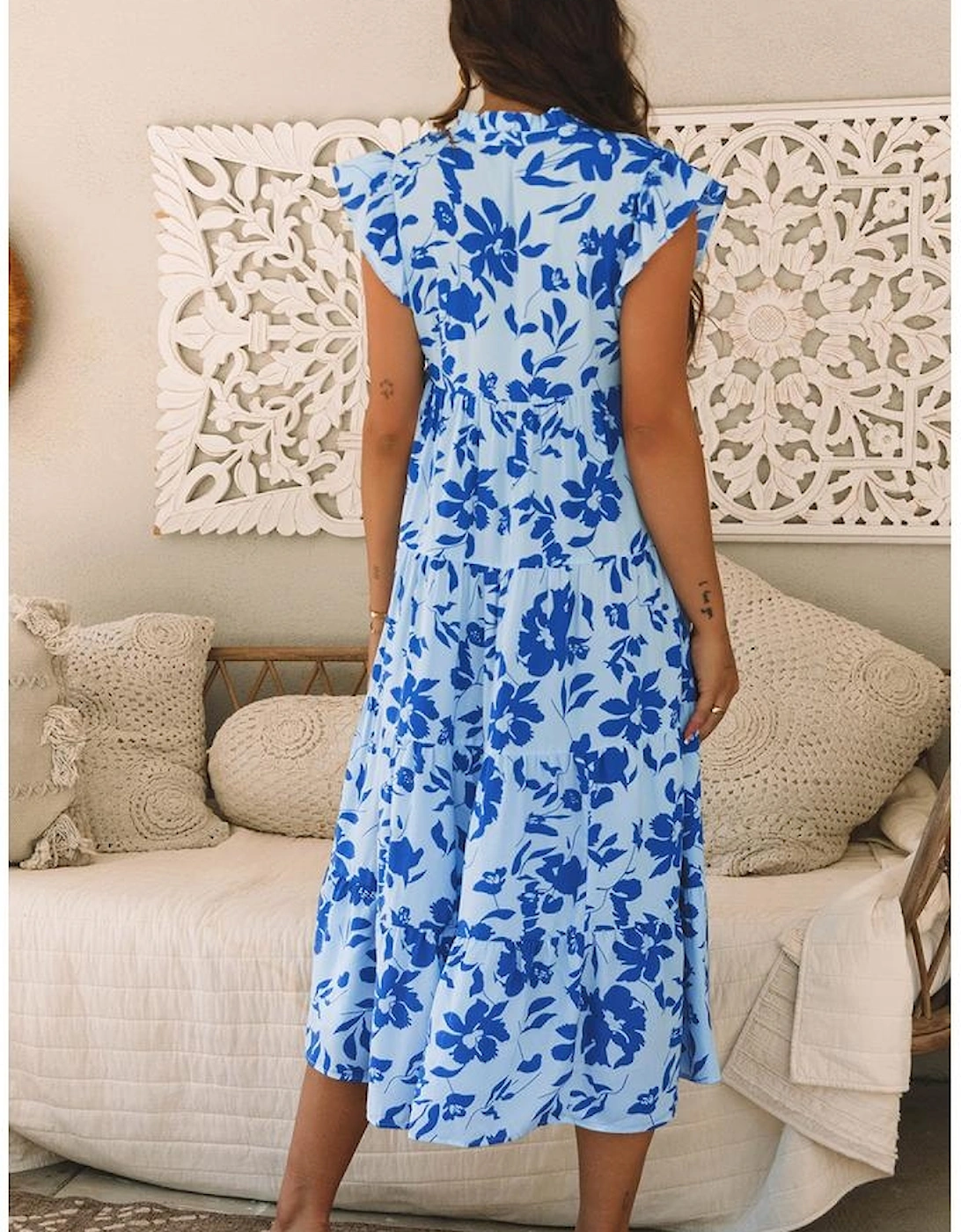 Sky Blue Floral Print Tiered Frilled Trim Flutter Sleeve Maxi Dress