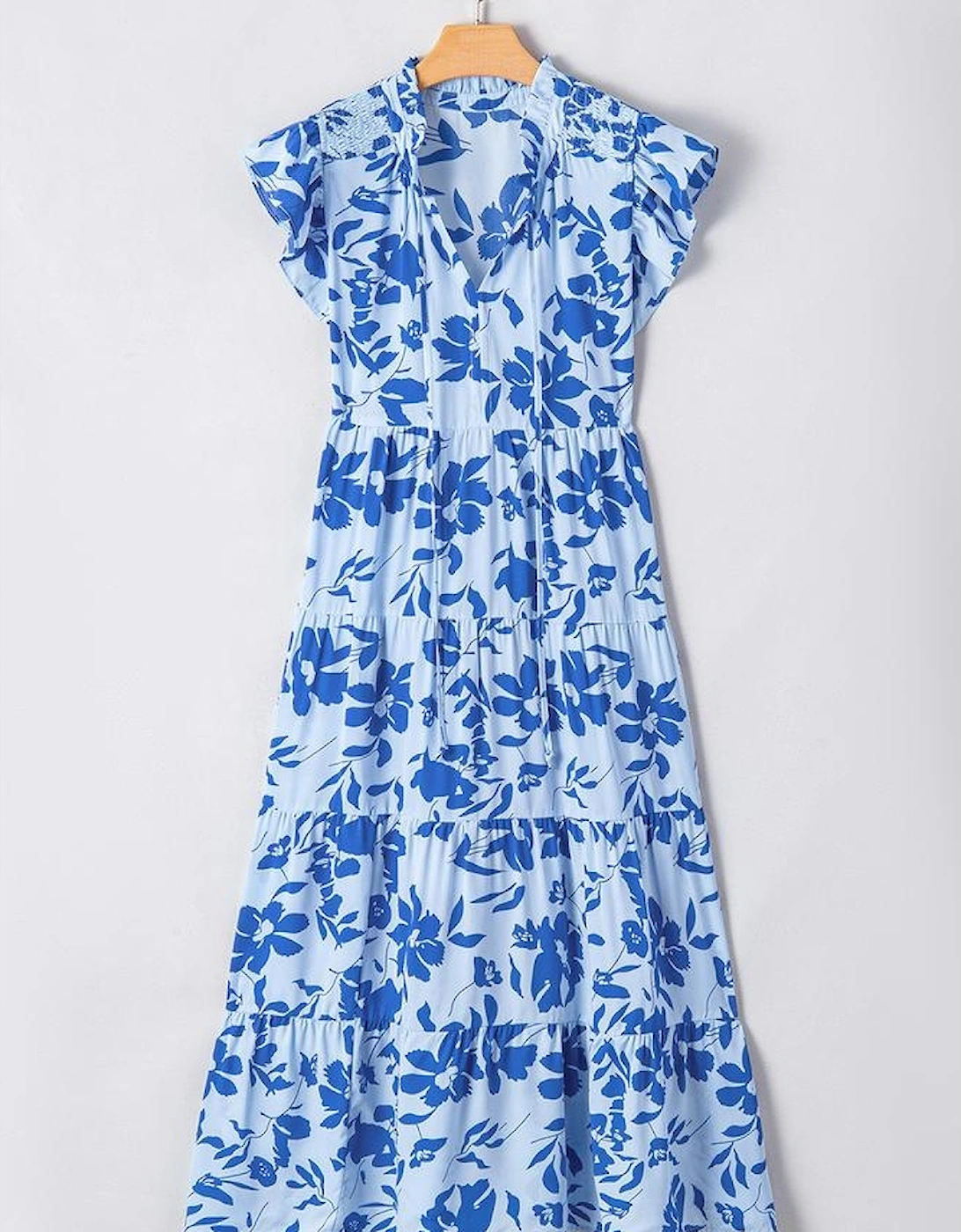 Sky Blue Floral Print Tiered Frilled Trim Flutter Sleeve Maxi Dress