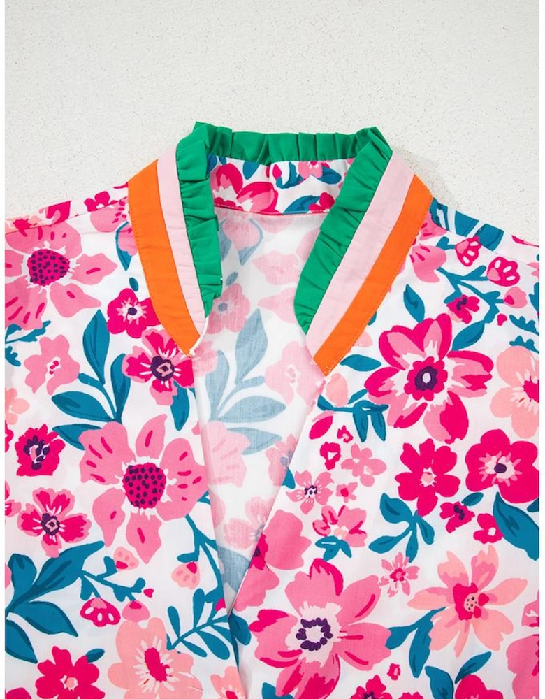 Pink Floral Print Contrast Striped Detail Short Sleeve Blouse