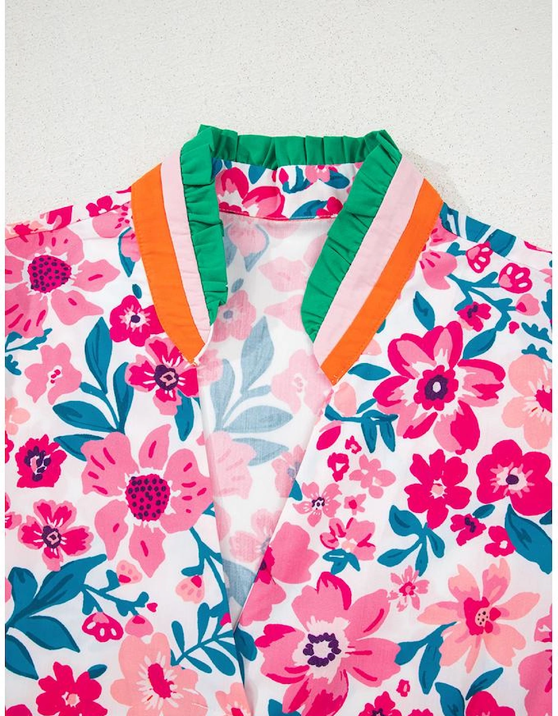 Pink Floral Print Contrast Striped Detail Short Sleeve Blouse